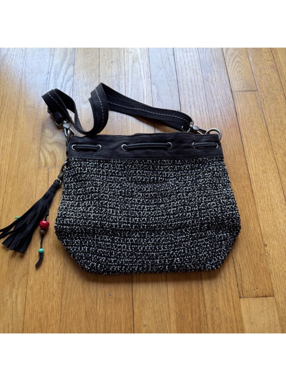 Crochet Boho The Sak 12"x10" Black & White Ukiah Crochet Drawstring Bucket Bag - Picture 8 of 15